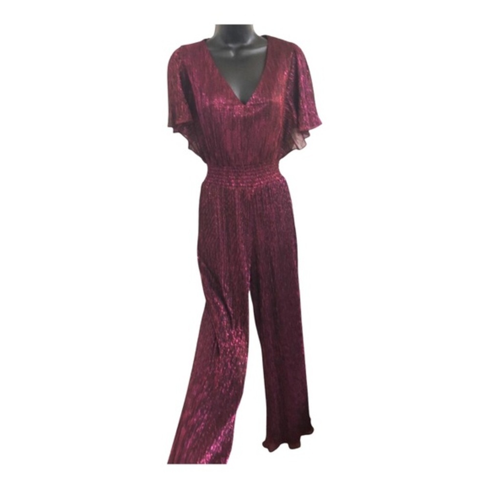 1.State dark red shimmery flutter sleeve v-neck ruffle hem jumpsuit size‎ small